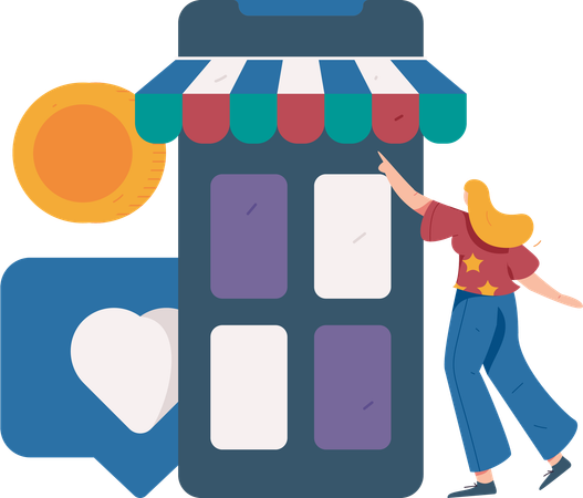 Chica haciendo compras en aplicación móvil  Ilustración