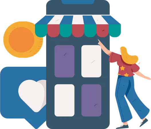 Chica haciendo compras en aplicación móvil  Ilustración