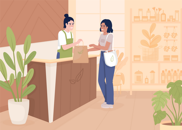 Chica haciendo compras en la tienda ecológica  Ilustración