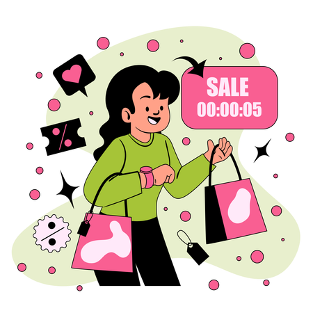 Chica haciendo compras en venta flash  Ilustración
