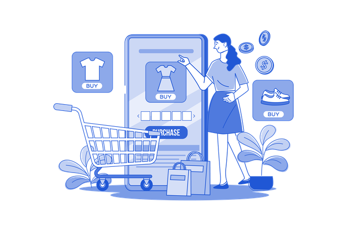 Chica haciendo compras en línea  Ilustración