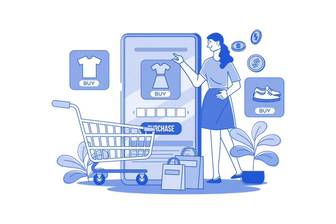 Chica haciendo compras en línea  Ilustración