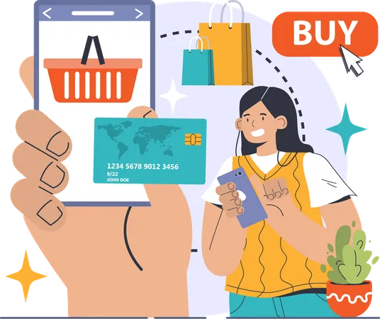 Chica haciendo compras en línea  Ilustración