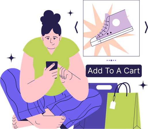 Chica haciendo compras en línea  Ilustración