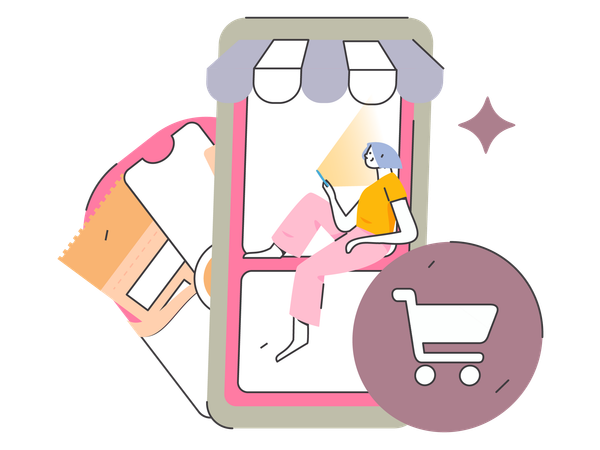 Chica haciendo compras en línea  Ilustración