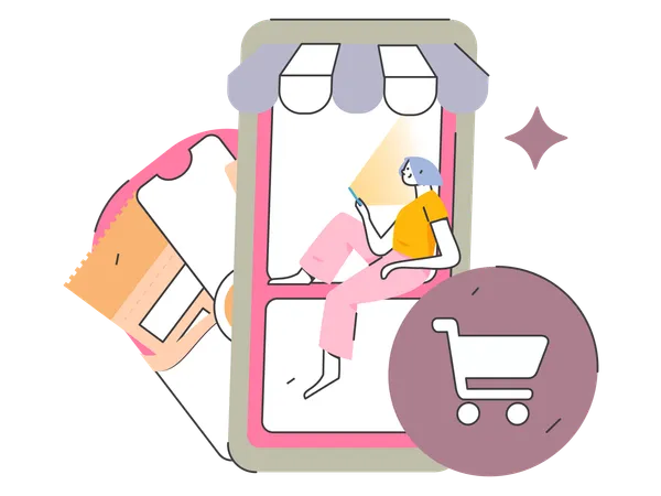 Chica haciendo compras en línea  Ilustración