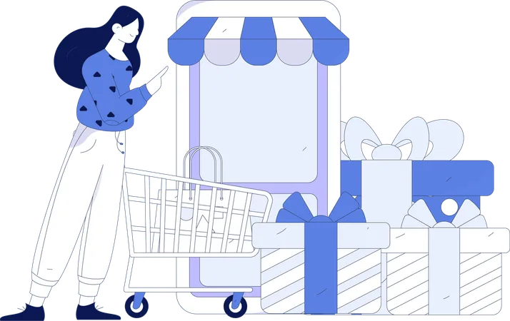 Chica haciendo compras en línea  Ilustración