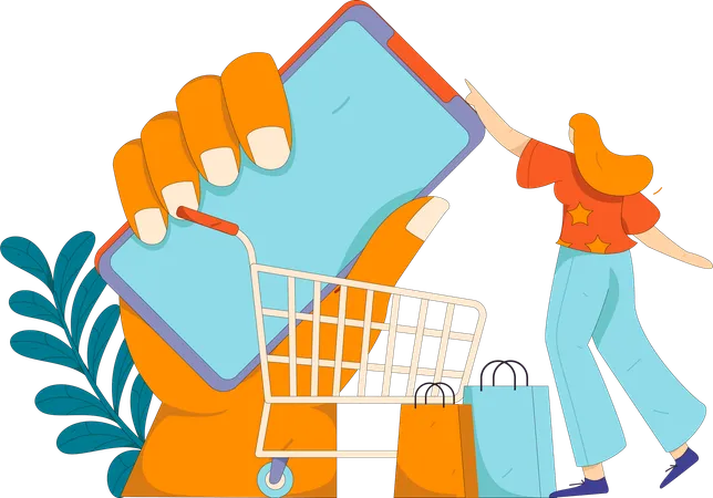 Chica haciendo compras en línea  Ilustración