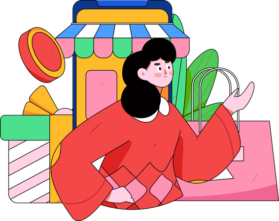 Chica haciendo compras en línea  Ilustración