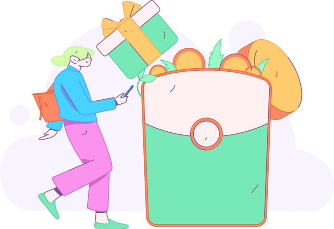 Chica haciendo compras en línea  Ilustración