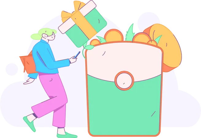 Chica haciendo compras en línea  Ilustración