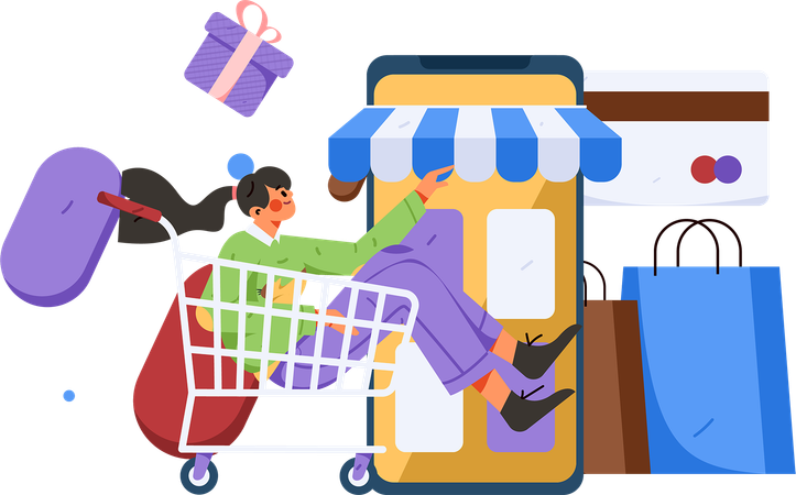 Chica haciendo compras en línea  Ilustración