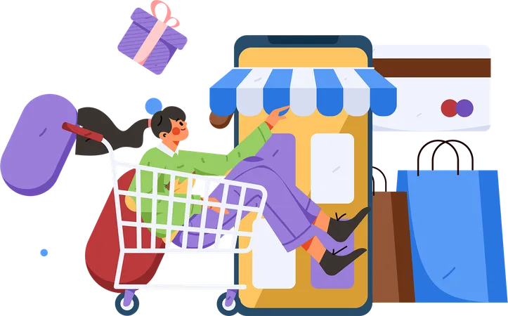 Chica haciendo compras en línea  Ilustración