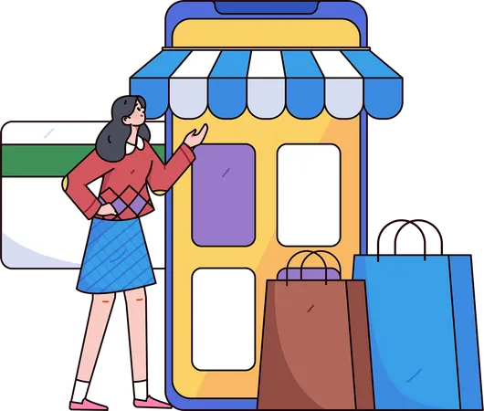 Chica haciendo compras en línea  Ilustración