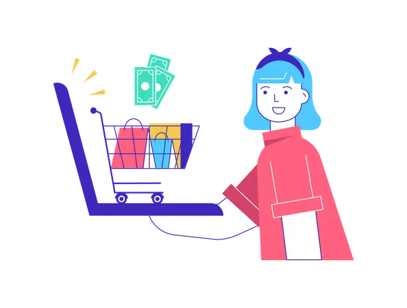 Chica haciendo compras en línea  Ilustración