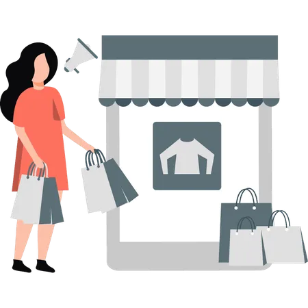 Chica haciendo compras en línea  Ilustración