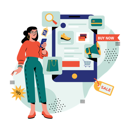 Chica haciendo compras en línea  Ilustración