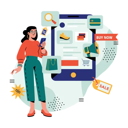 Chica haciendo compras en línea  Ilustración