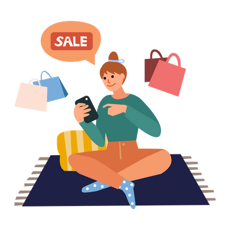 Chica haciendo compras en línea  Ilustración