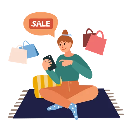 Chica haciendo compras en línea  Ilustración