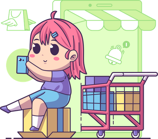 Chica haciendo compras en línea  Ilustración