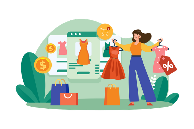 Chica haciendo compras en línea  Ilustración