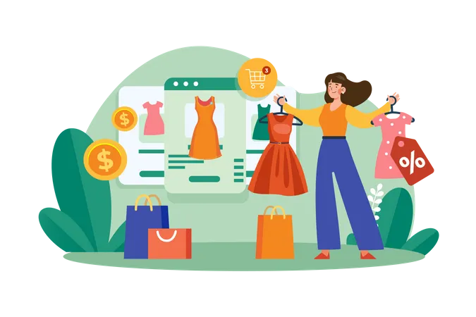 Chica haciendo compras en línea  Ilustración