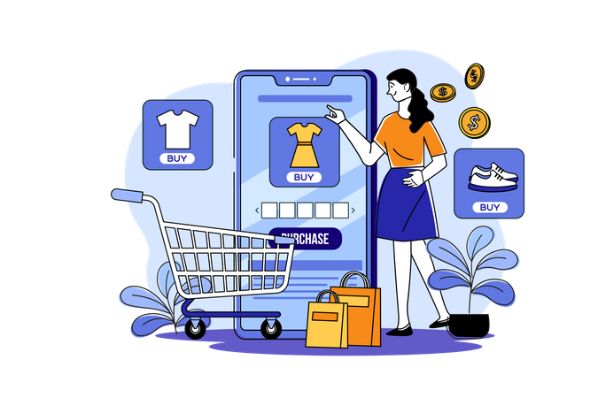 Chica haciendo compras en línea  Ilustración