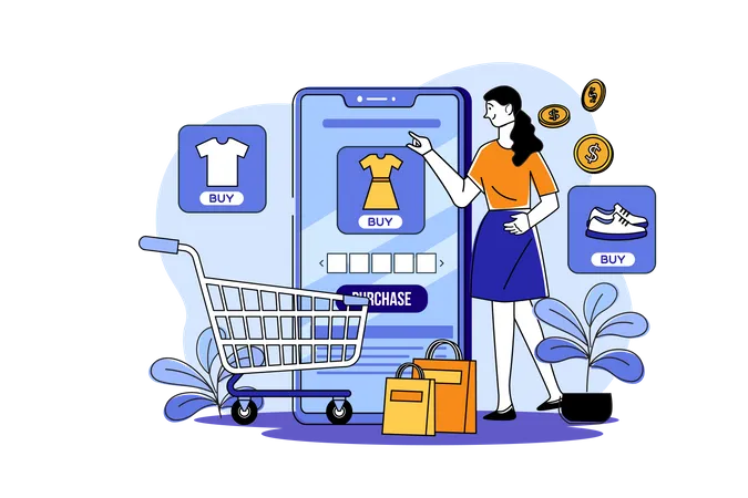 Chica haciendo compras en línea  Ilustración