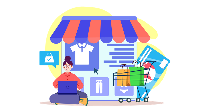 Chica haciendo compras en línea  Ilustración