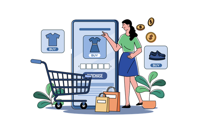 Chica haciendo compras en línea  Ilustración