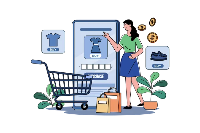 Chica haciendo compras en línea  Ilustración