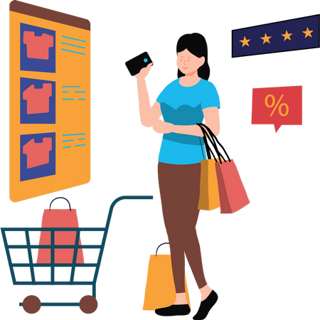 Chica haciendo compras en línea  Ilustración