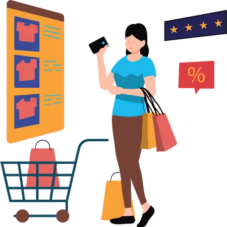 Chica haciendo compras en línea  Ilustración