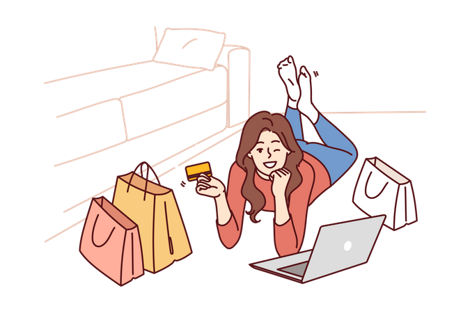 Chica haciendo compras en línea  Ilustración