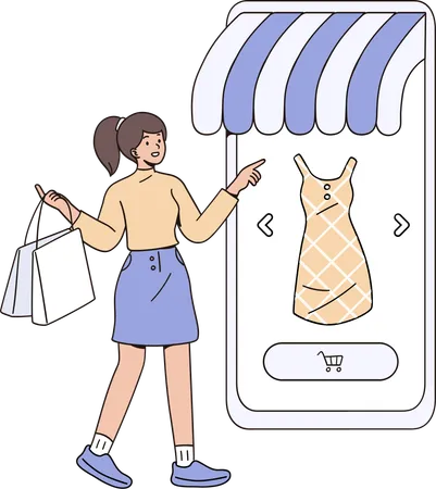 Chica haciendo compras en línea a través del móvil  Ilustración