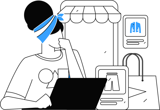 Chica haciendo compras en línea por computadora portátil  Ilustración