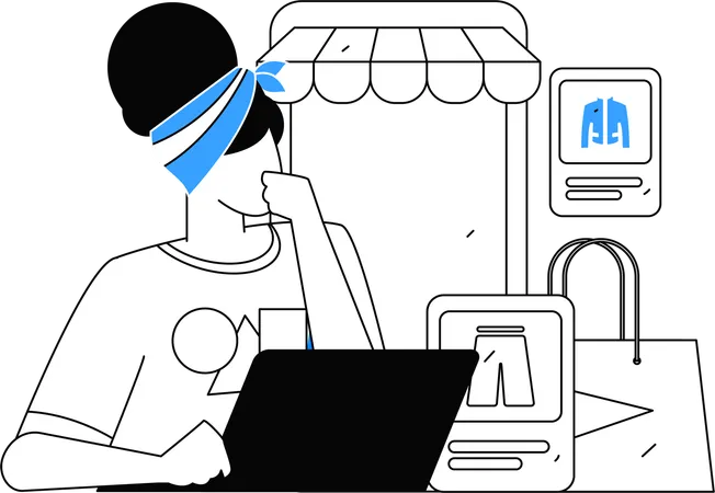 Chica haciendo compras en línea por computadora portátil  Ilustración