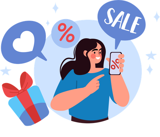 Chica haciendo compras online desde el móvil  Ilustración