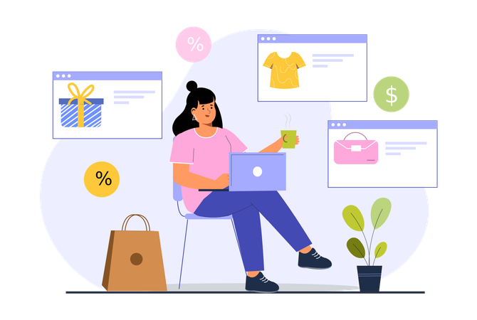 Chica haciendo compras en línea desde un sitio web de compras  Ilustración