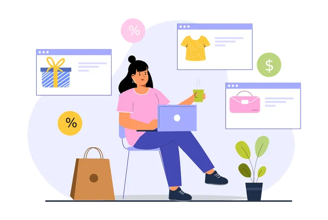 Chica haciendo compras en línea desde un sitio web de compras  Ilustración