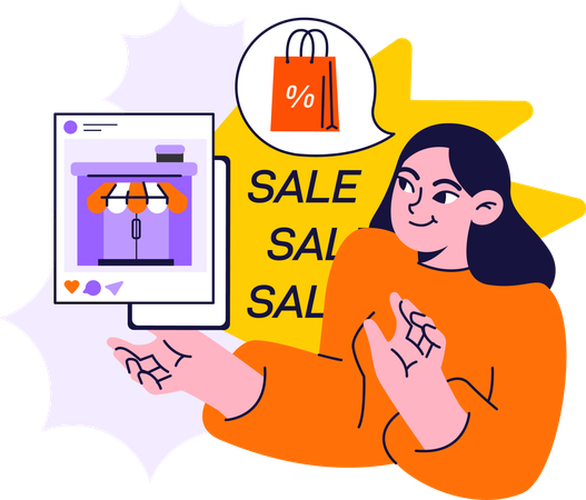 Chica haciendo compras en línea durante la venta de compras  Illustration