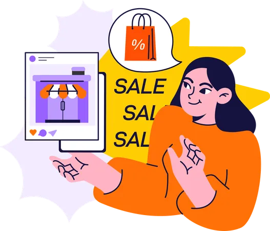 Chica haciendo compras en línea durante la venta de compras  Illustration