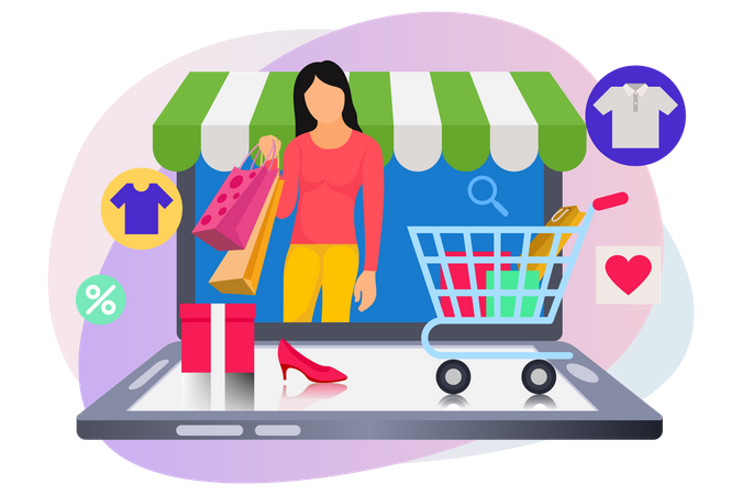 Chica haciendo compras en línea desde el móvil  Ilustración