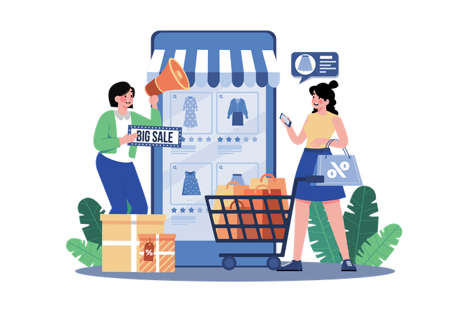 Chica haciendo compras en línea en grandes rebajas  Ilustración