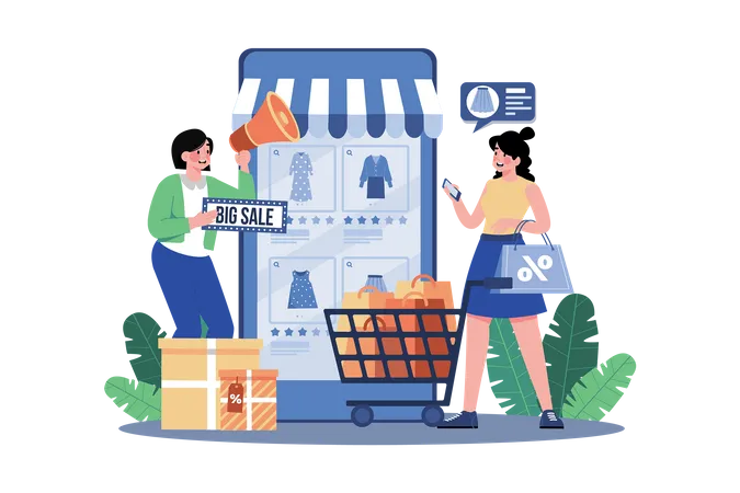 Chica haciendo compras en línea en grandes rebajas  Ilustración