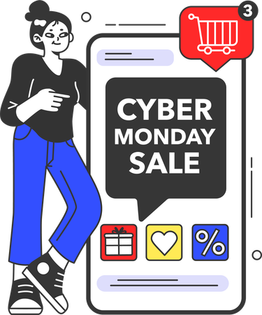 Chica haciendo compras en línea en la oferta del Cyber Monday  Ilustración