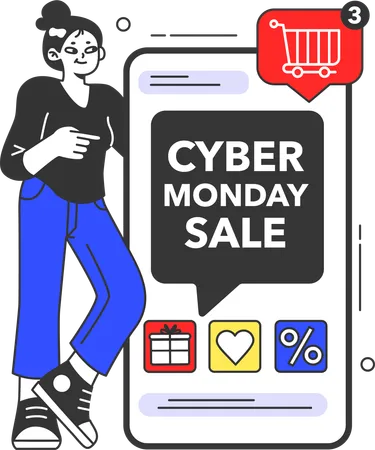 Chica haciendo compras en línea en la oferta del Cyber Monday  Ilustración