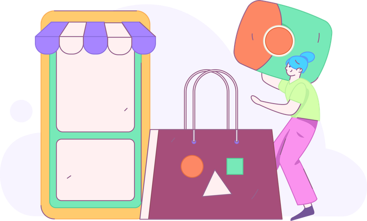 Chica haciendo pago de compras en línea  Ilustración