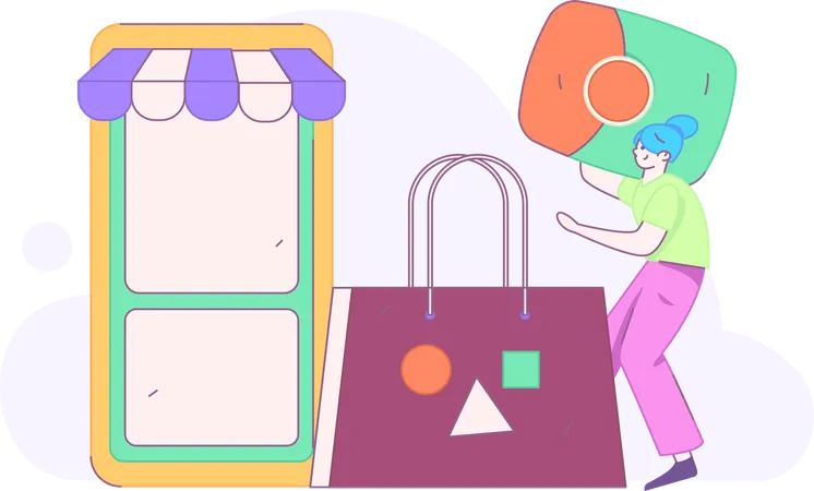 Chica haciendo pago de compras en línea  Ilustración